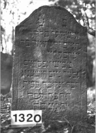 Grabstein 1320 (Index: 99900200) Material: Sandstein Zustand: teilweise verwittert Maße HxBxT: 92x58x11 cm Beschreibung: Stele mit Konvexbogenabschluss, im Bogenfeld Levitenkanne Symbolik: Levitenkanne: Grabstein 1320