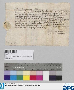 Ritter Eberhart von Riedner, Vitztum zu Aschaffenburg, sichert der Nürnberger Kaufmannschaft im Auftrag des Erzbischofes von Mainz zur Frankfurter Fastenmesse sicheres Geleit zu.