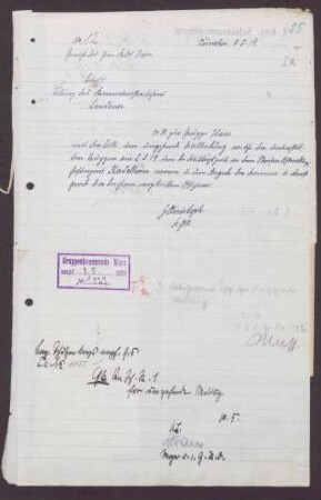 Auskunftersuchen des Gerichts des Generalkommandos Oven an die Gruppe Haas um Feststellung, welche Offiziere und Truppen am 02.05.1919 im Strafvollstreckungsgefängnis Stadelheim waren