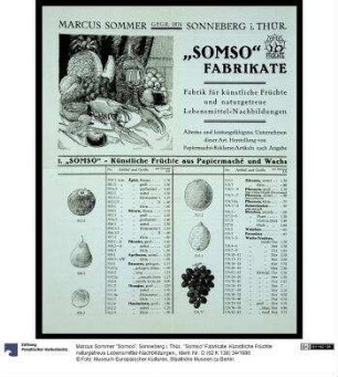 "Somso" Fabrikate. Künstliche Früchte naturgetreue Lebensmittel-Nachbildungen.