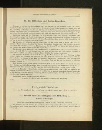 B. Spezial-Berichte über die Thätigkeit der einzelnen Abtheilungen und ihre Arbeiten.
