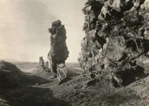 Harzvorland. Neinstedter Teufelsmauer bei Thale. Aufgerichtete, z. T. überkippte Sandsteinrippen, Quadersandstein des Senon. Ansicht nach Westen