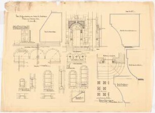 Herz Jesu Kloster, Fünfbrunnen (Cinqfontaines): Details des Hauptportals, der Wasserschrägen, Bogenfriese und Fenster, Ansichten und Schnitte 1:20 der Klosterkapelle
