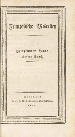 Titelseite Vierzehnter Band. Erstes Stück