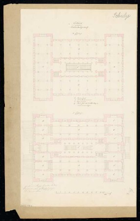 Bibliothek, Berlin Monatskonkurrenz Dezember 1839: Grundriss Erdgeschoss, Obergeschoss; Maßstabsleiste