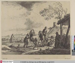 [Die Reisenden bei der Hütte; Travellers resting at a farm]