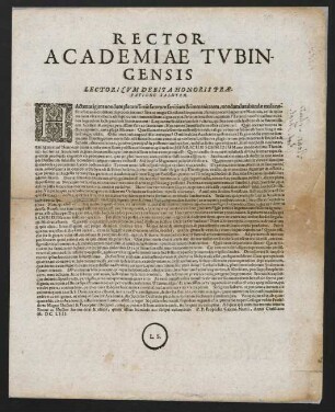 Rector Academiae Tvbingensis Lectori Cvm Debita Honoris Praefatione Salutem