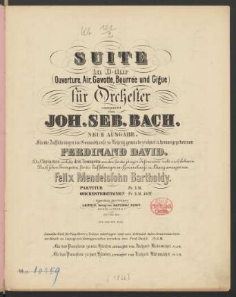 Suite in D-dur : (Ouverture, Air, Gavotte, Bourrée und Gigue); für Orchester