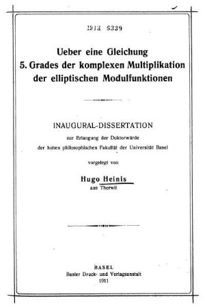 Ueber eine Gleichung 5. Grades der komplexen Multiplikation der elliptischen Modulfunktionen