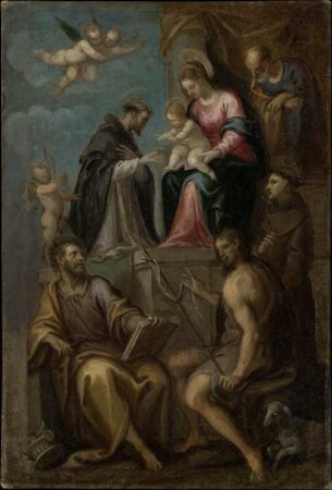 Thronende Madonna mit dem Kind und den Heiligen Joseph, Dominikus, Bartholomäus, Johannes der Täufer und Franziskus