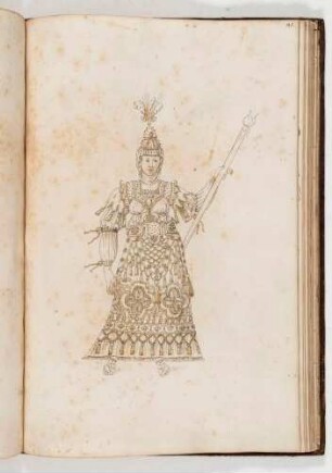 Kriegerin in prachtvollem Gewand mit Haube und Zepter, in: Equestrium statuarum [...] formae [...] artificiosissime pictis, Bl. 81