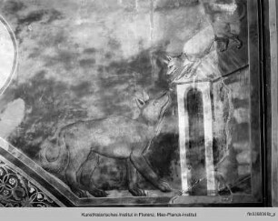 Biblische und hagiographische Szenen, Fabeln, Jagd-, Kampf- und Monatsdarstellungen (v. d. Rest. 1978/79) : Fabel vom Wolf und Hund von Aesop