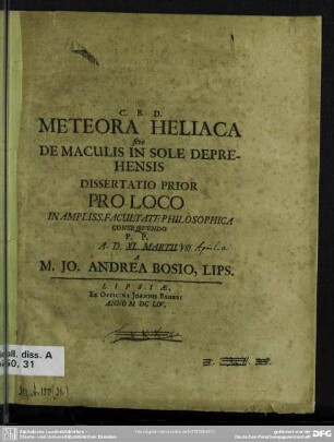 1: ... de maculis in sole deprehensis dissertatio prior