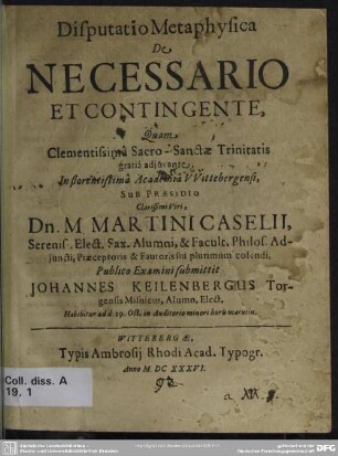 Disputatio metaphysica de necessario et contingente