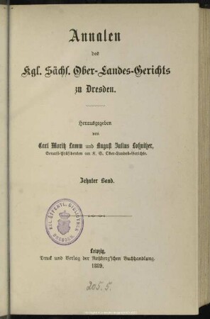 10.1889: Annalen des Kgl. Sächsischen Ober-Landes-Gerichts zu Dresden