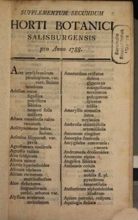 Supplementum Secundum Horti Botanici Salisburgensis pro Anno 1788.