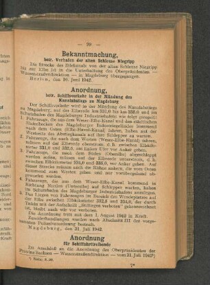 Bekanntmachung, betr. Vorhafen der alten Schleuse Niegripp