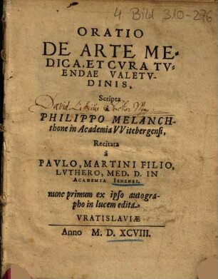 Oratio De Arte Medica, Et Cvra Tvendae Valetvdinis