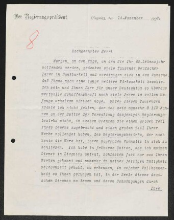 Brief von Robert Büchting von Liegnitz / Regierung an Gerhart Hauptmann