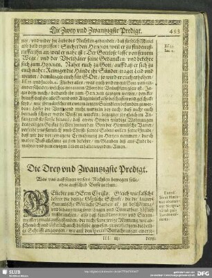 Die Drey und Zwantzigste Predigt. Was uns auff seiten unsers Nechsten bewogen solle, ohe auffschub Busse zu thun