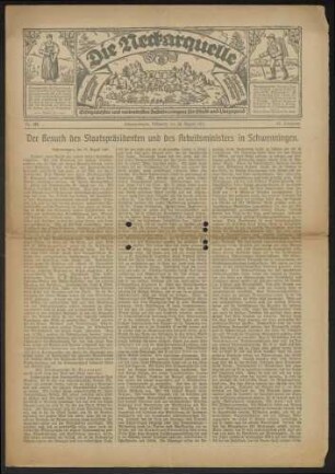 "Der Besuch des Staatspräsidenten und des Arbeitsministers in Schwenningen", Bericht in "Die Neckarquelle" und Wiedergabe der dabei gehaltenen Reden