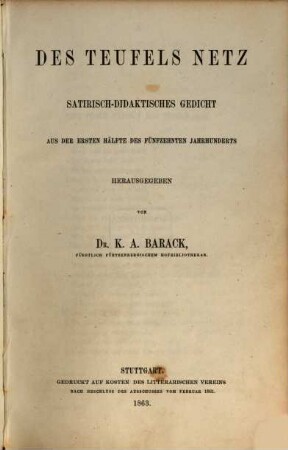 Des Teufels Netz : satirisch-didaktisches Gedicht aus der ersten Hälfte des fünfzehnten Jahrhunderts