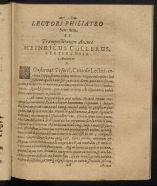 Lectori Philiatro Scientiam. Et Tranquilliatatem Animæ [...]
