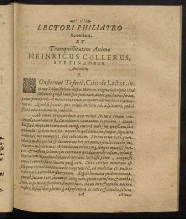 Lectori Philiatro Scientiam. Et Tranquilliatatem Animæ [...]