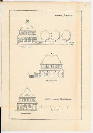 Gemeindehaus Monatskonkurrenz Oktober 1913: Aufriss Südostansicht, Südwestansicht, Nordwestansicht 1:100; Maßstabsleiste