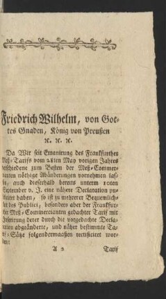 Friedrich Wilhelm, von Gottes Gnaden, König von Preußen ...