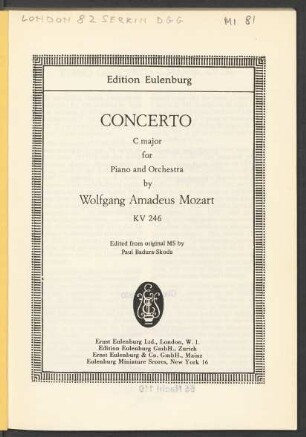 Concerto C major for piano and orchestra : KV 246