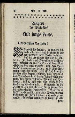 Zuschrift des Verfassers an Alle junge Leute.