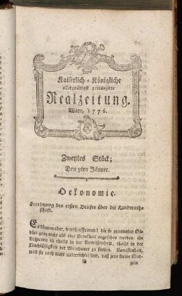 Zweytes Stück; Den 9ten Jänner. Wien, 1776.