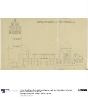 Darmstadt, Ausstellungsgebäude und Hochzeitsturm, Aufriss der Westfassade