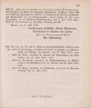 63. Ministerial-Bekanntmachung, den Wechsel in der Hauptagentur der Oldenburgischen Versicherungs-Gesellschaft betreffend