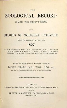 The zoological record : ZR. 34. 1897