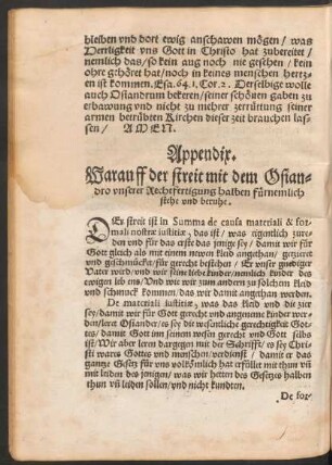 Appendix. Warauff der streit mit dem Osiandro unserer Rechtfertigung halben fürnemlich stehe und beruhe.