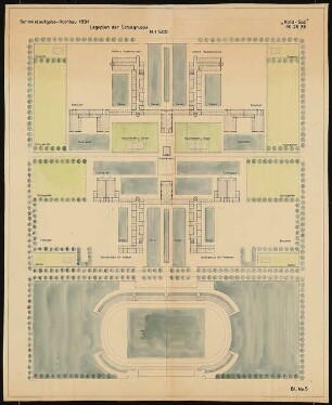 Siedlungsplan mit Schulhausgruppe Schinkelwettbewerb 1931: Schulkomplex: Lageplan 1:500