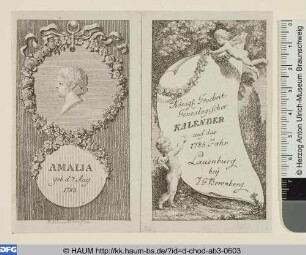Königl. Grossbr. Genealogischer Kalender auf das Jahr 1785, Titelblatt und Porträt der Prinzessin Amelia von Großbritannien