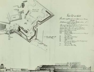 Plan und Ansicht der Nordwestecke der Festung Dresden während des Baues der Katholischen Hofkirche