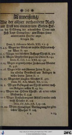 Anweisung, wie der allhier verhandene Rath und Trost von einem treuen Seelen-Hirten bey Erklärung der ordentlichen Sonn- und Fest-Tags-Evangelien zum Nutzen seiner anvertrauten Heerde anzubringen sey.
