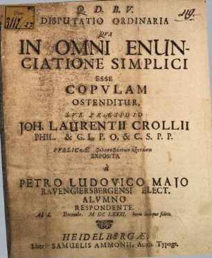 Disp. ordinaria qua in omni enunciatione simplici esse copulam ostenditur