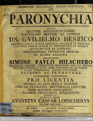 Dissertatio Inauguralis Medico-Chirurgica De Paronychia