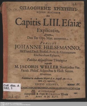Hoplothēkēs Christepōnymōn exēgēsis Seu Capitis LIII. Esaiae Explicatio