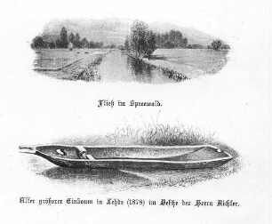 Fischereitechnik : Handwerkstechniken - Fischerei. Ort: Bórkowy / Burg-Spreewald. Fließ im Spreewald. Alter größerer Einbaum in Lehde (1878).