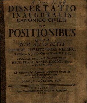 Dissertatio Inauguralis Canonico-Civilis De Positionibus