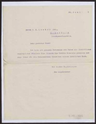 Schreiben an J. A. Loeber jun., Elberfeld, Kunstgewerbeschule (Brief)