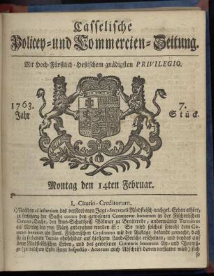 7. Stueck, Montag den 14ten Februar 1763