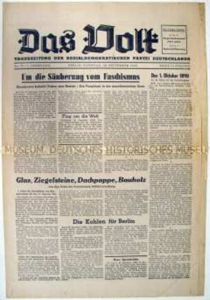 Tageszeitung der SPD "Das Volk" u.a. zur Entnazifizierung in der Amerikanischen Besatzungszone