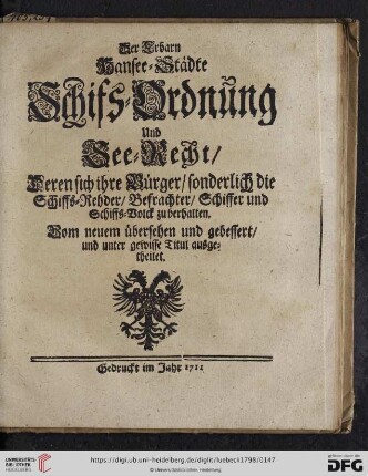 Der Erbarn Hansee=Städte Schifs=Ordnung und See=Recht